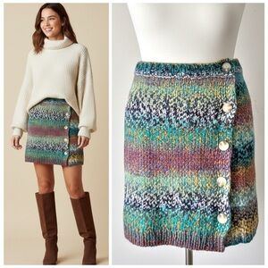 NIA Aspen Teal Rainbow Striped Sweater Skirt Boho Cozy Cabincore Size Medium